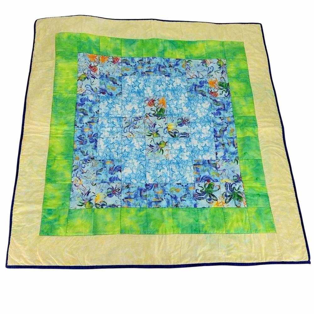 HANDMADE Blue Green Ocean Sea Life Patchwork Baby Quilt square 41.5”